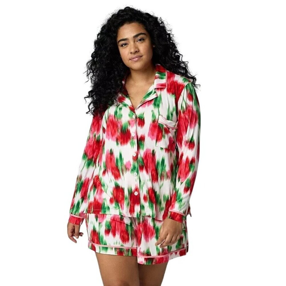 Simply Vera Wang Womens Floral Long Sleeve Pajama Top Boxer Set Plus Sz 2X New